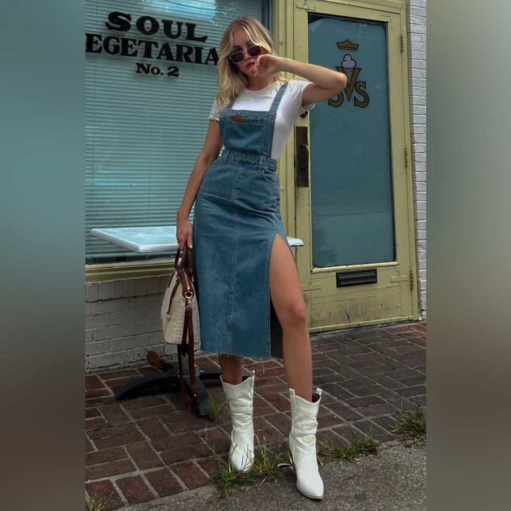 Medium Blue Side Slit Denim Overall Dress